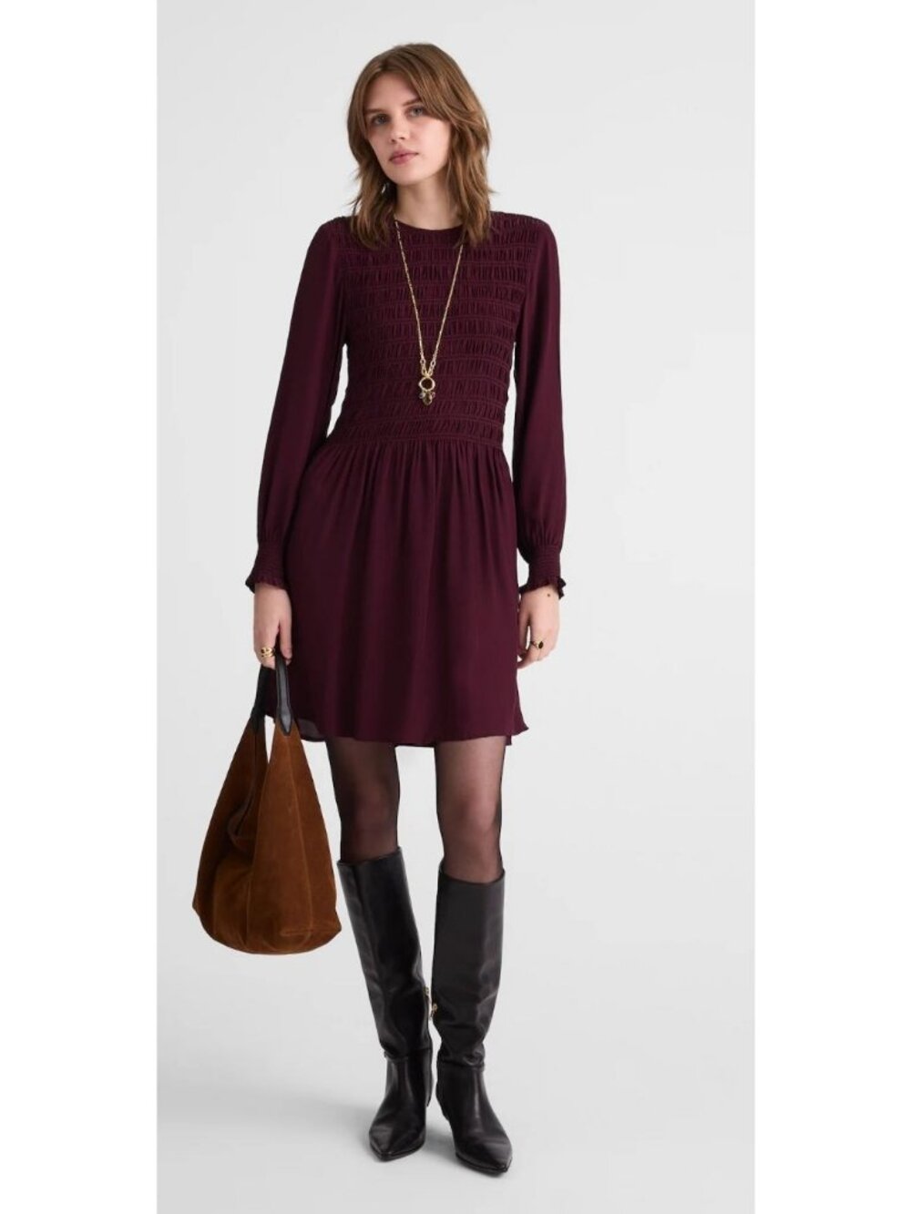 Madewell Long-Sleeve Smocked Mini Dress Dark Pomegranate Size XXS NWT NY307